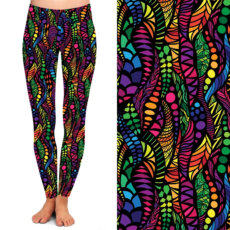 Buttery Soft 92% Polyester 8% Spandex High Waist Ladies Tights Multicolor Feather Printed Leggings For Women