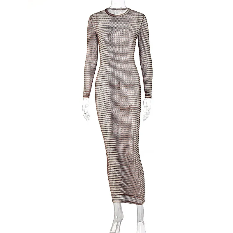Autumn Winter Dress Snake Print Long Sleeve Bodycon See Through O Neck High Street Fashion Women Wholesale Clothes