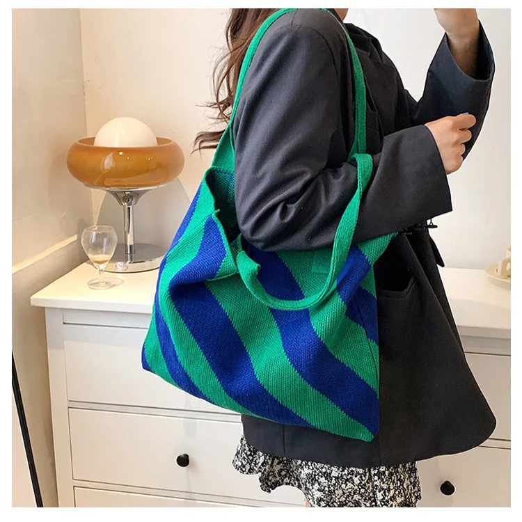 Hangai Factory New Designer Knitted Shoulder Bag Shopping Unique Bag Stripe Tote Handbag