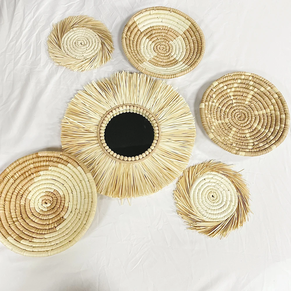 Haosen Wall Decoration Living Room Background Bedroom mirror Homestay Home Decoration craft Wood bead straw braided mirror