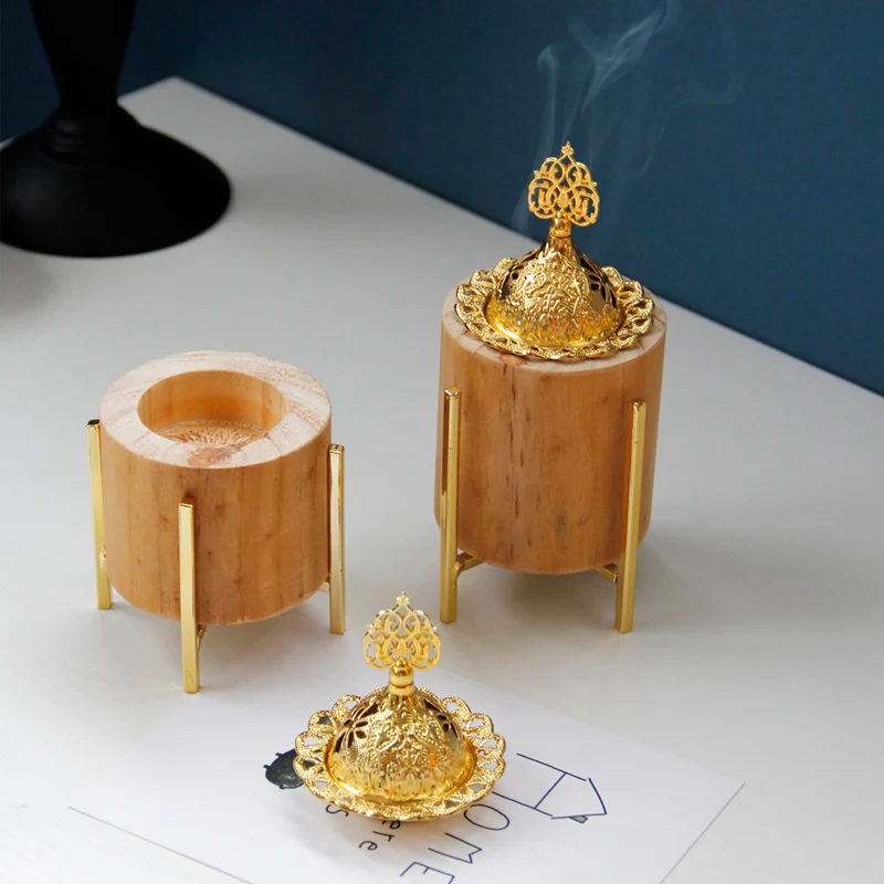 Elegant luxury design Islamic style Iron Stand Wooden Incense Burner Mubkhar Incense Burner Arabic Incense Burner with Lid