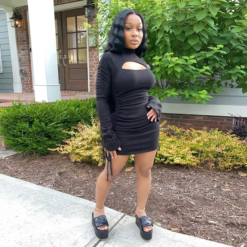 
2020 Autumn Women Long Sleeve Ruched Mini Dress Bodycon Outfits Sexy Women Night Club Party Streetwear Clothes Bandage Dresses 