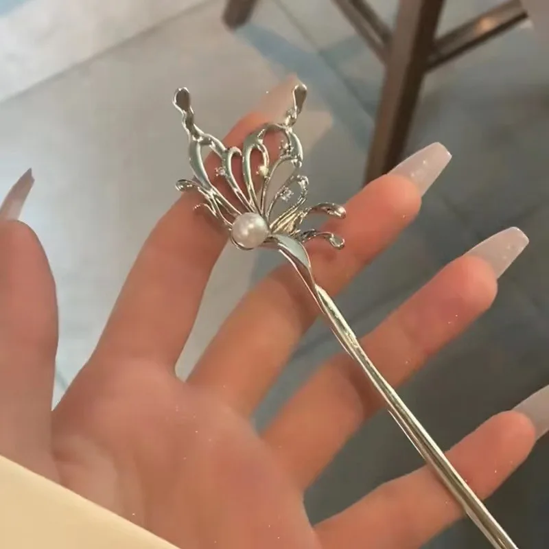 GEERDENG New Chinese Style Pearl Hairpin Female Metal Hair Stick Retro Butterfly Hair Forks Hanfu Coiling Hairpin
