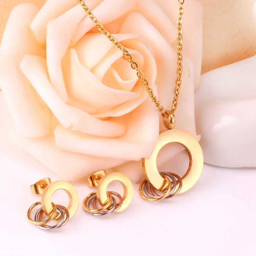 Top Selling Women Necklace & Earring Jewelry Set Gold Stainless Steel Round Circle Jewelry Accessories Set