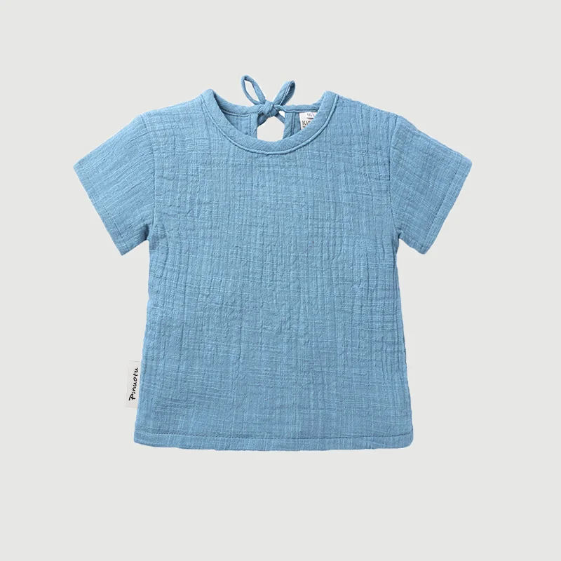 Pinuotu Plain Baby Wear Tee Top Boy Girl Blue Crinkle T-shirt Summer Kids Clothing Back Tie Elastic Crepe Crewneck Baby Tee