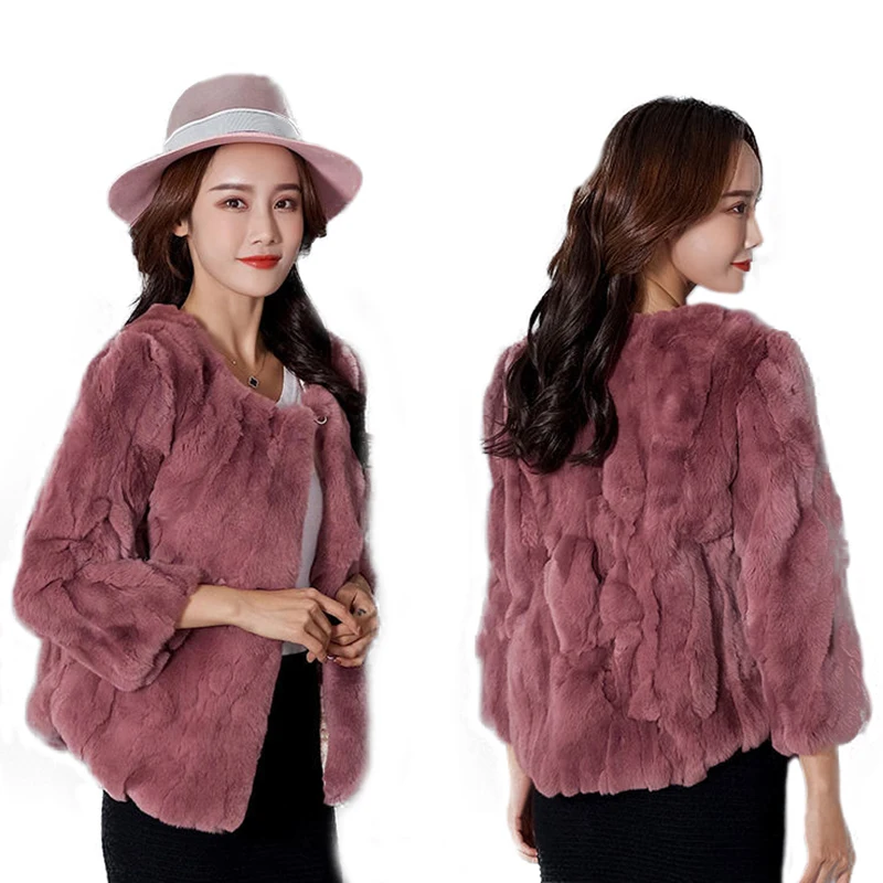2024 Winter Women Real Fur Coat Elegant Warm O-Neck Short Real Rex Rabbit Fur Coat For Women
