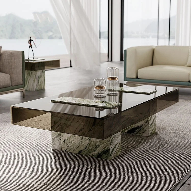Living room green marble coffee table new design luxury glass top coffee table