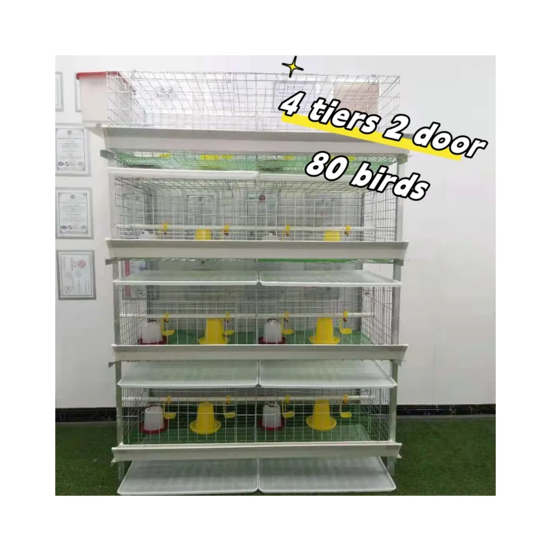 Hot Sales H Type  4 Tiers 2 doors 80 Birds galvanized Poultry farming Broiler Chicken Cages with Water Tank feed trough