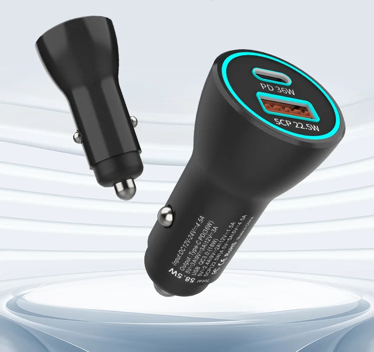 Дешевое высокотехнологичное автомобильное зарядное устройство с двумя USB-портами мощностью PD 60 Вт