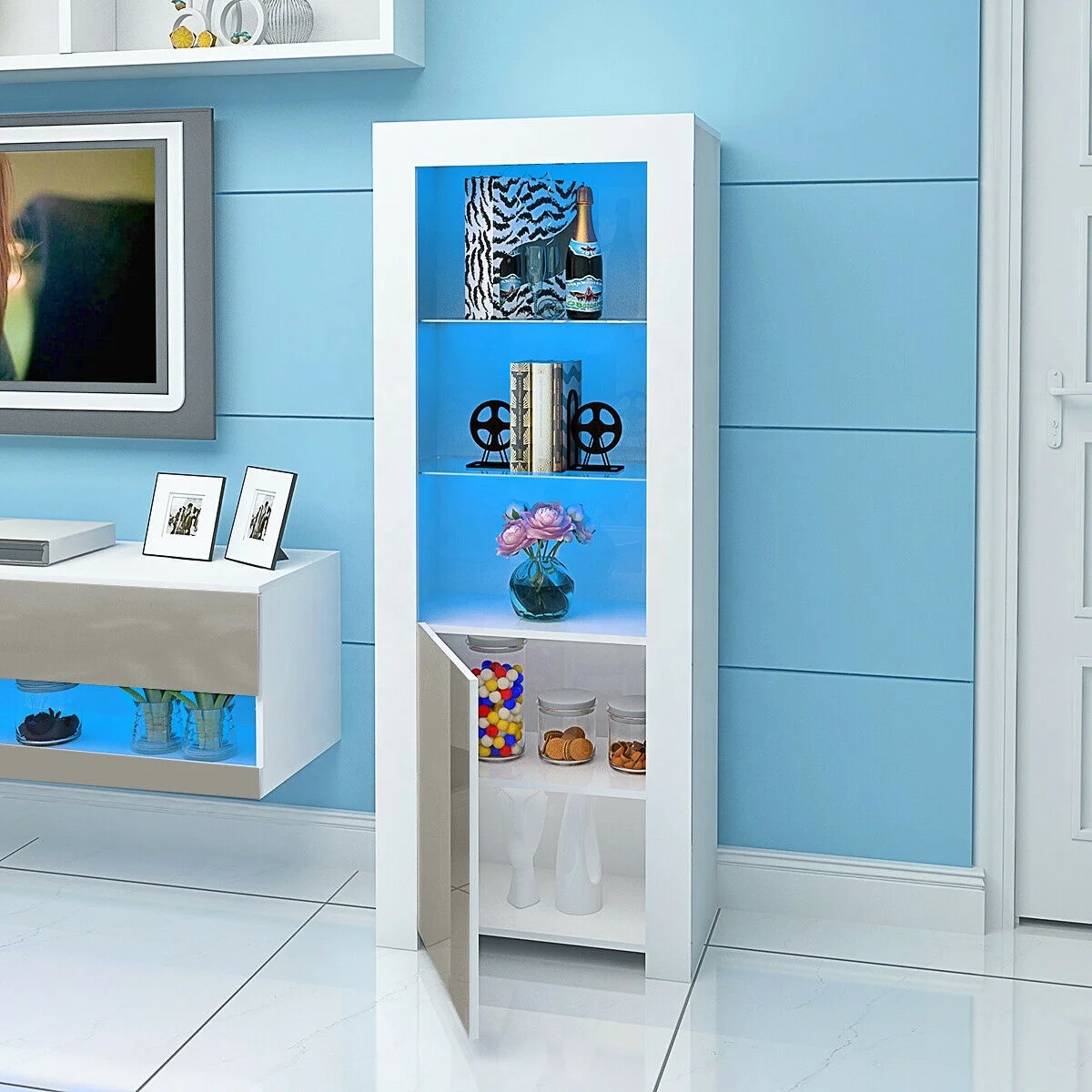 glass shelves gloss door home living room furniture narrow tall wood whisky display cabinet with glass door