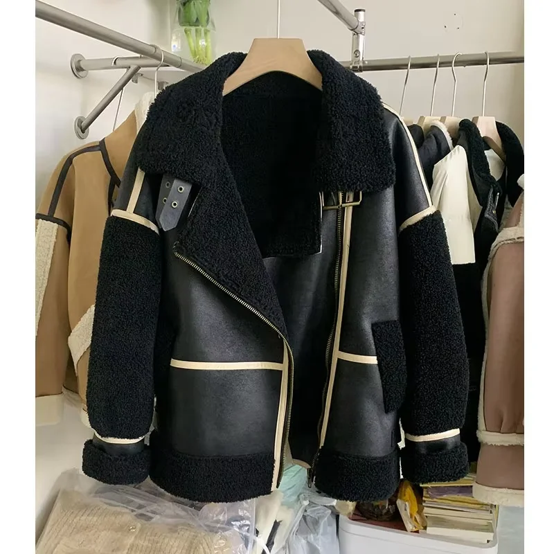 Warm Thick Fahion Ladies Sharling Coat With Fluffy Raccoon Fur Custom Loose Genuine Leather Jacket Woman Shearling Outerwear