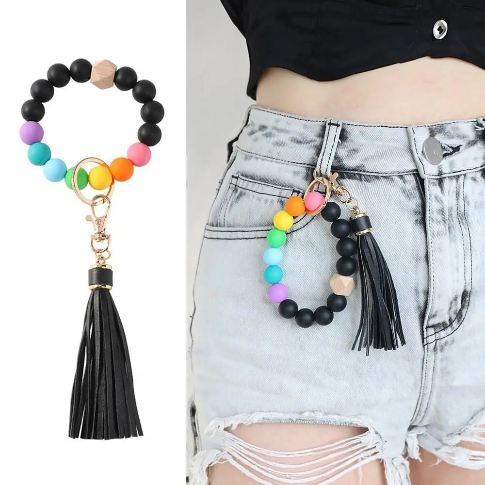 Wood bead Wristlet food grade Key Ring Keyrings Holder Silicone evil Bead eye Tassel Bracelet Bangle Keychain for women
