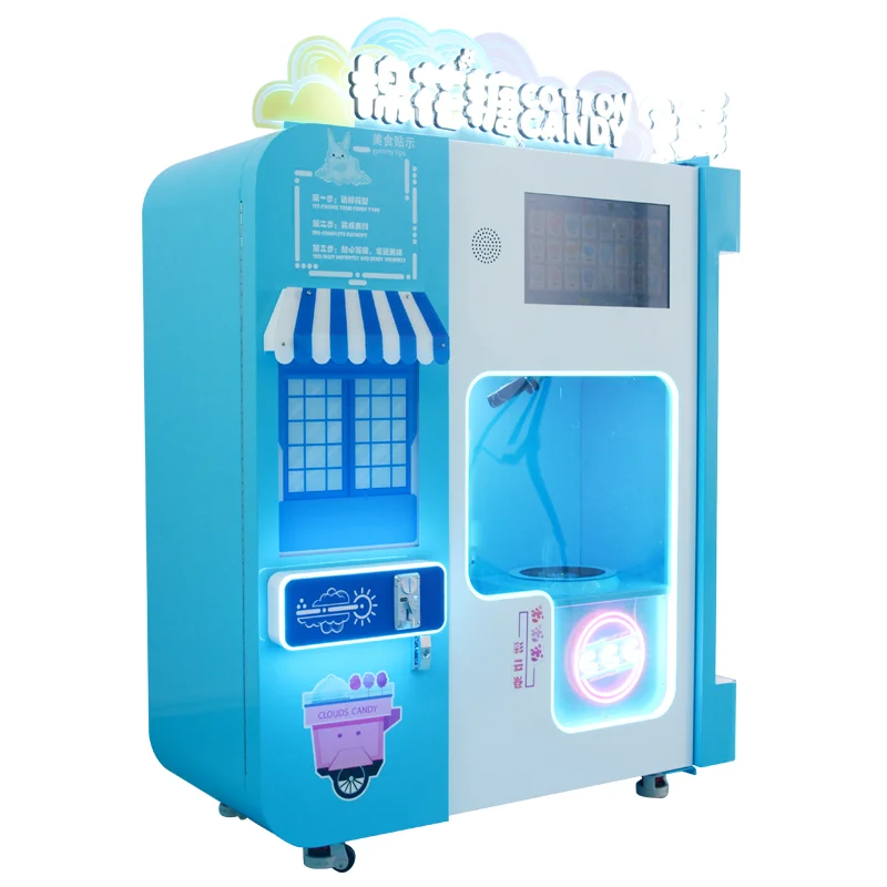 Promotional various durable using automatic making cotton candy vending machine with advertising