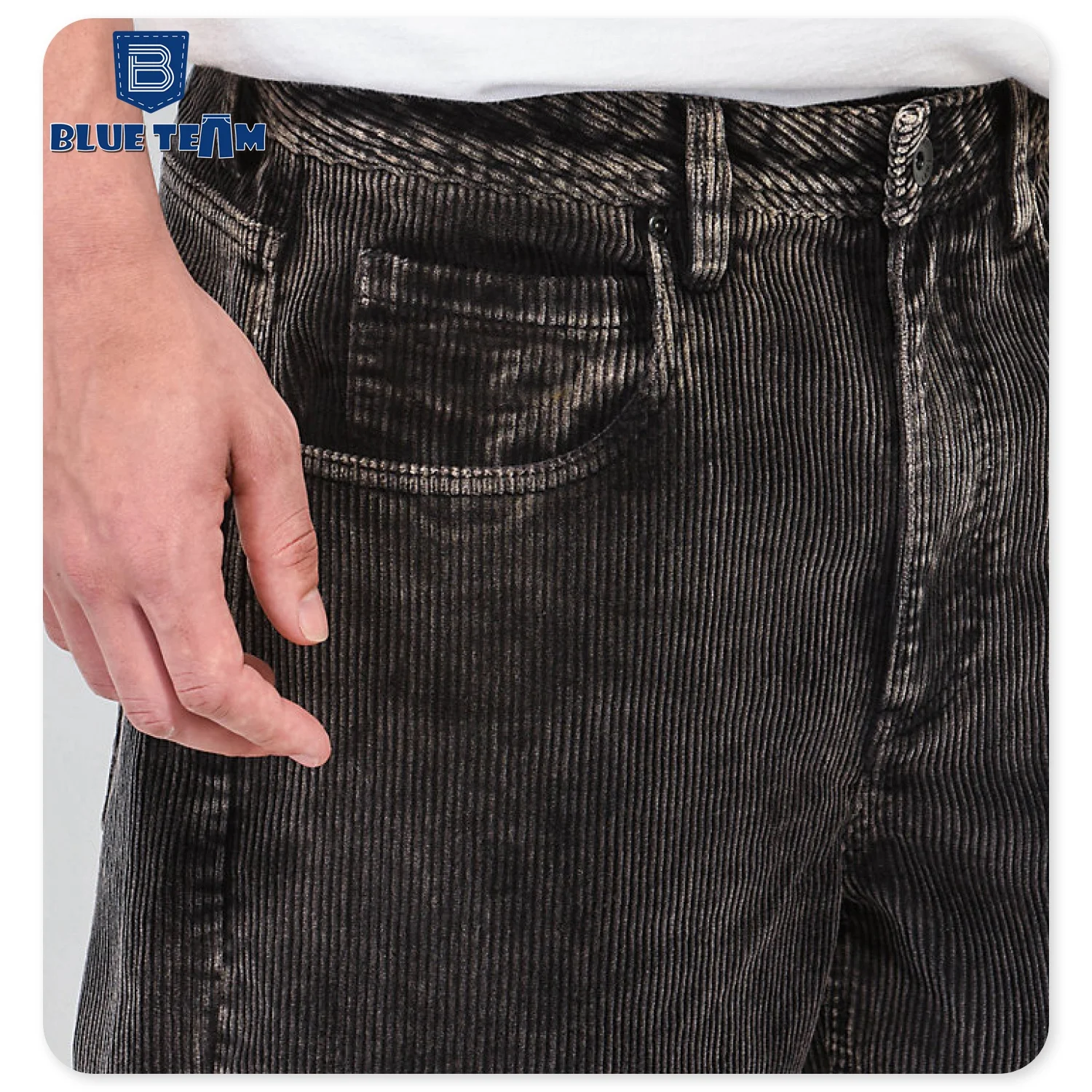 Blue Team | Custom mens with logo black washed loose fit wide leg baggy corduroy pants lace up skate jeans men