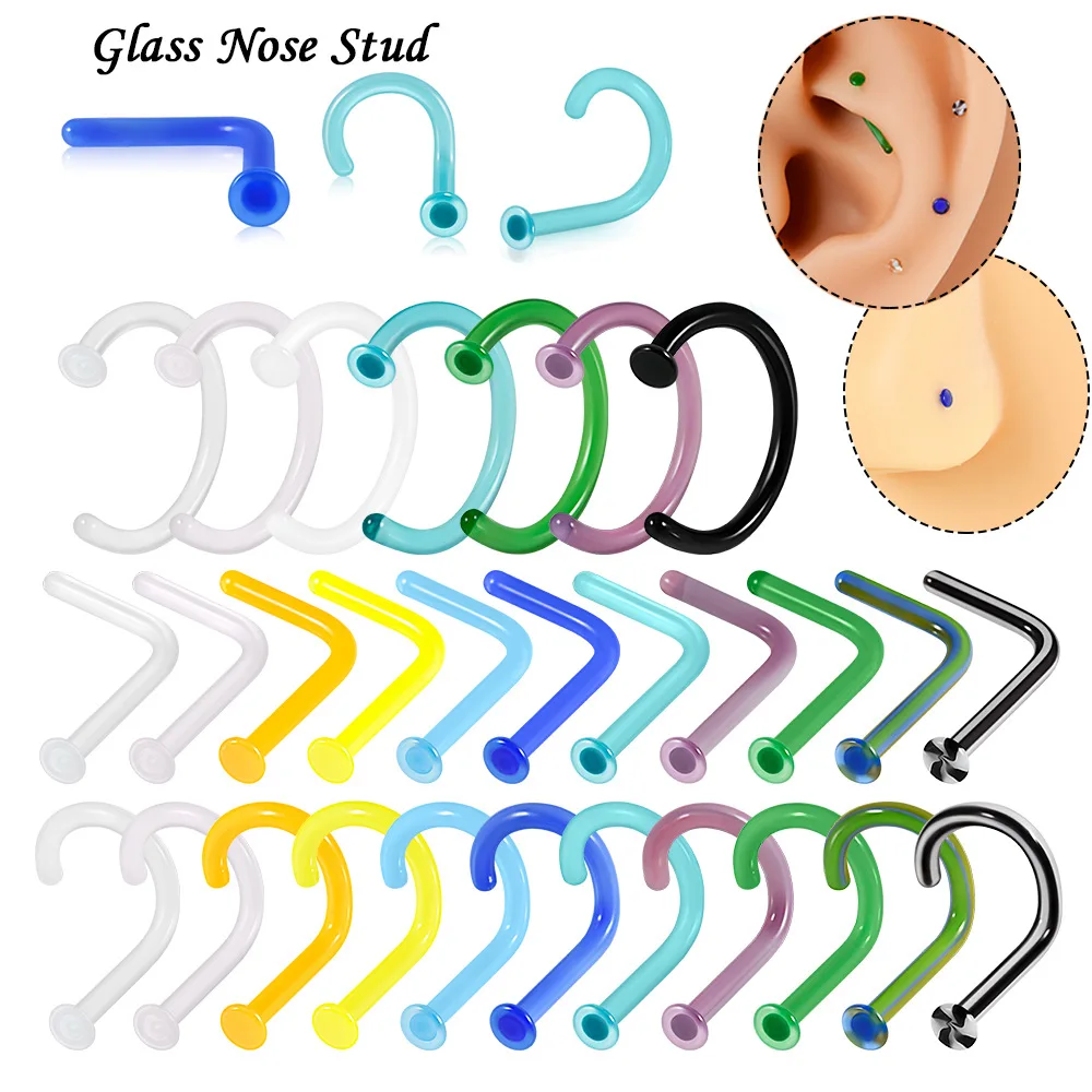 NUORO 18G Glass Colorful Retainer Nose Piercing C&L Shape Transparent Retainer Holder Hoop Nose Ring For Women