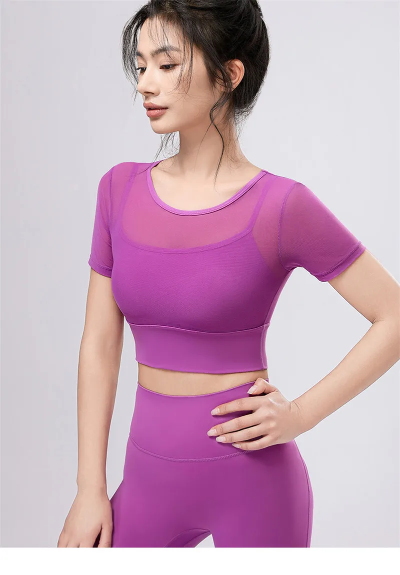 P177 Custom Women Yoga Tops Mesh Layer Soft Spandex And Nylon Sport Top Breathable Slim Fit Workout Shirts