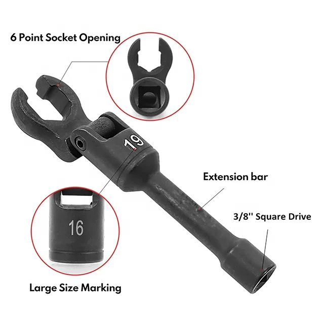 FLAVIC 6 PC Flexible Head Diesel Injection Wrench Set 3/8' Drive Injector Fuel Line Crowfoot Flare Nut Socket Auto Repair Tools