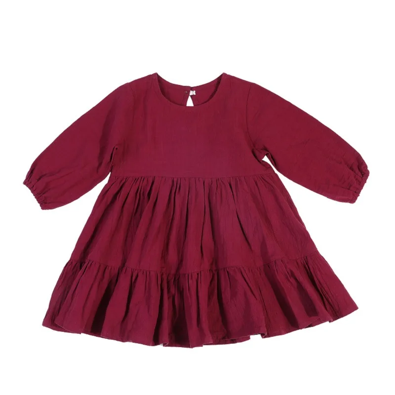 Customize Fall Toddler Cotton Linen Soft Comfortable Skirts Long Sleeve Ruffle Casual Solid Color Simple Girl Dress