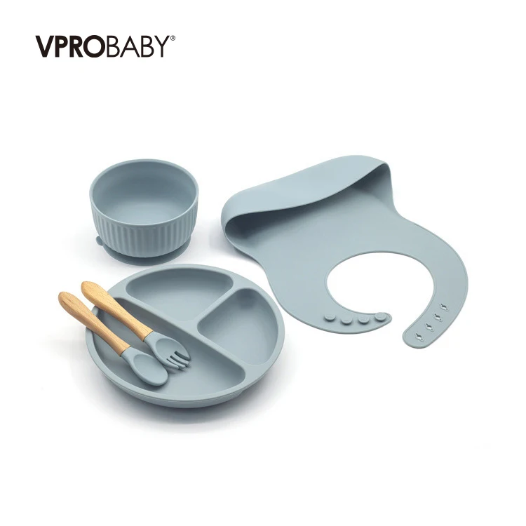 Wholesale stock custom your logo baby plate suction silicone baby silicone bib bowl spoon tableware set