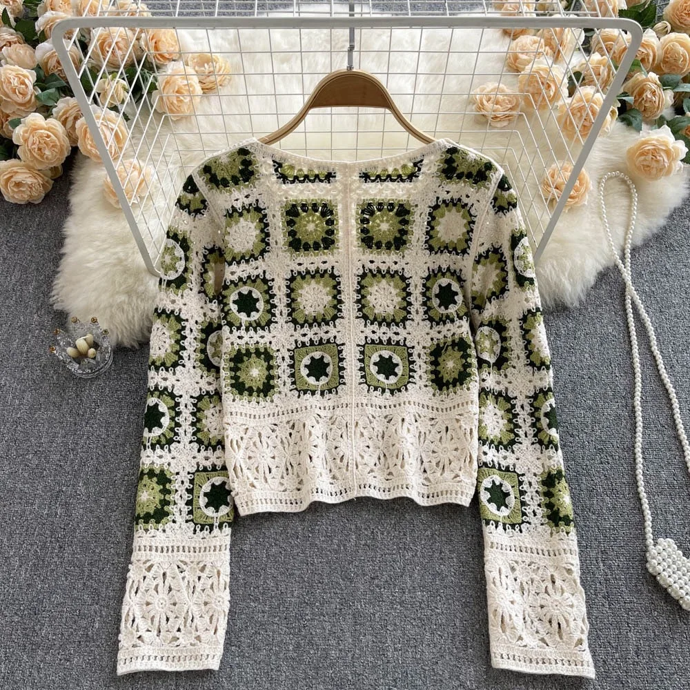 Women Vintage Crochet Square Cardigan Jumper Long Sleeve Button Down Floral Knitted Sweater Knitwear Cardigan