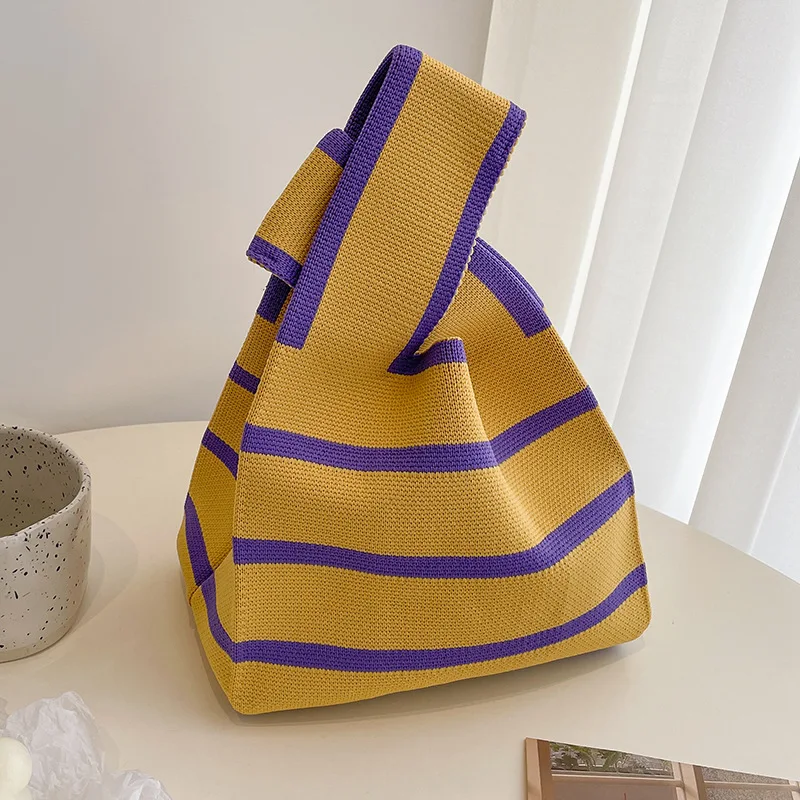 Japan Korea Factory Price Fashion Striped Pattern Shoulder Bag Capacity Tote Knitting Wool Woven Crochet Knitted Bag for Women