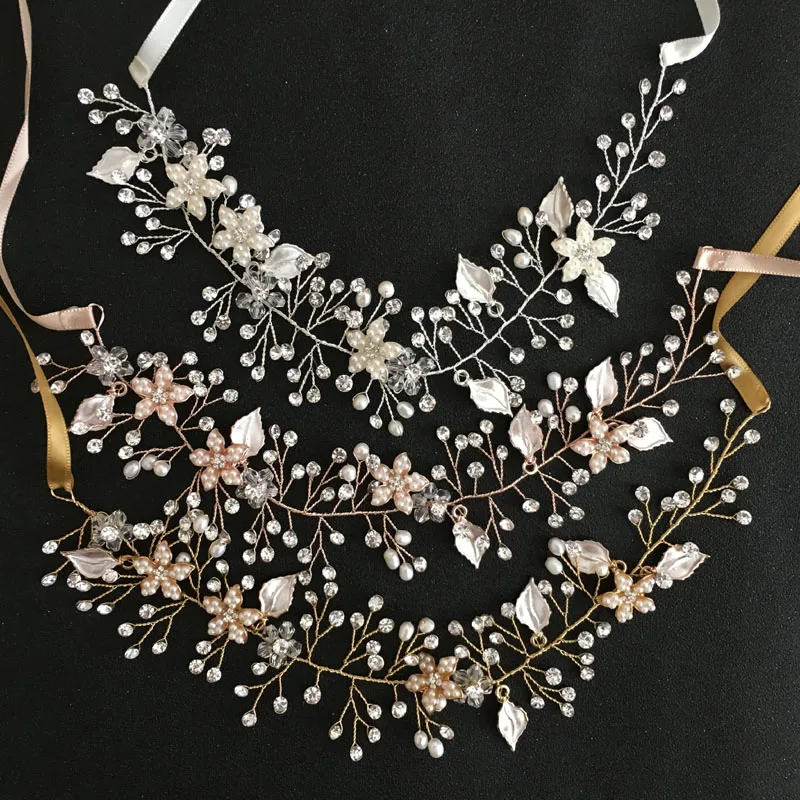 Женский обруч для волос SLBRIDAL, обруч ручной работы со стразами, пресноводным жемчугом, цветами, листьями, свадебное украшение