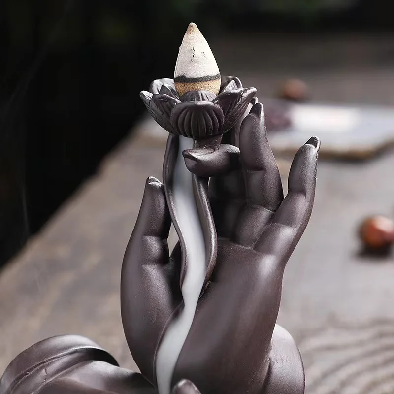 New Arrivals Purple Sand Buddha Hand Incienso Holder Flower Lotus Smoke Backflow Censer Ceramic Incense Burner