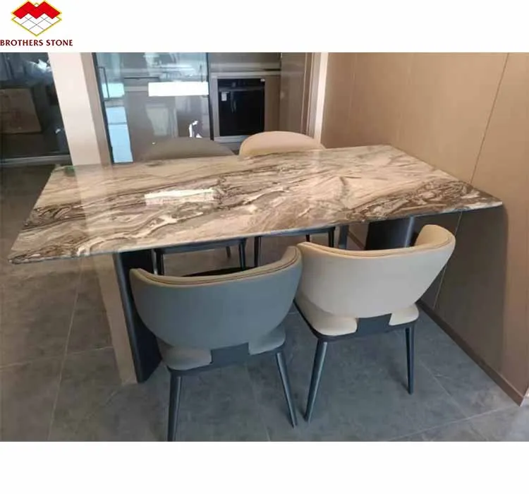 Modern Luxury Marble Dinning Table Top Natural Stone Venice Brown Color Oval Marble Dinner Table with Chairs