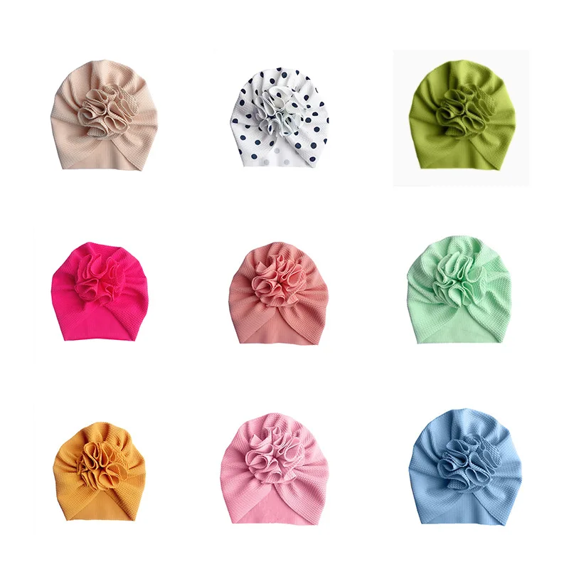 European and American Various color children hat wholesale baby solid color pullover cap handmade big flower tire cap 12 colors