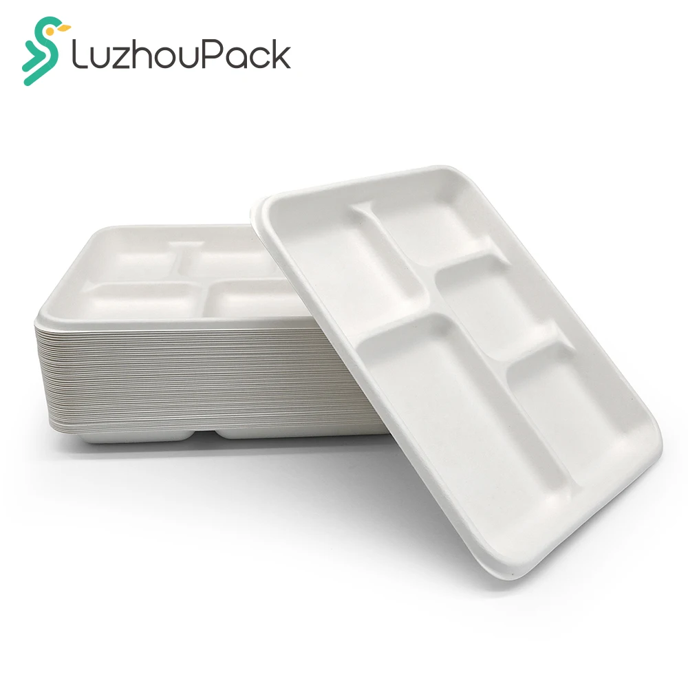 LuzhouPack Customizable 5 Compartment Greaseproof Microwavable Eco Friendly Bagasse Biodegradable Food Tray Disposable