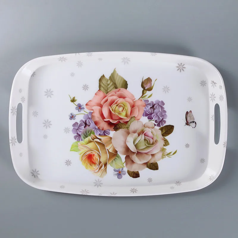 Wholesale Custom Flower Printing Melamine Plastic Serving Tray With Handle