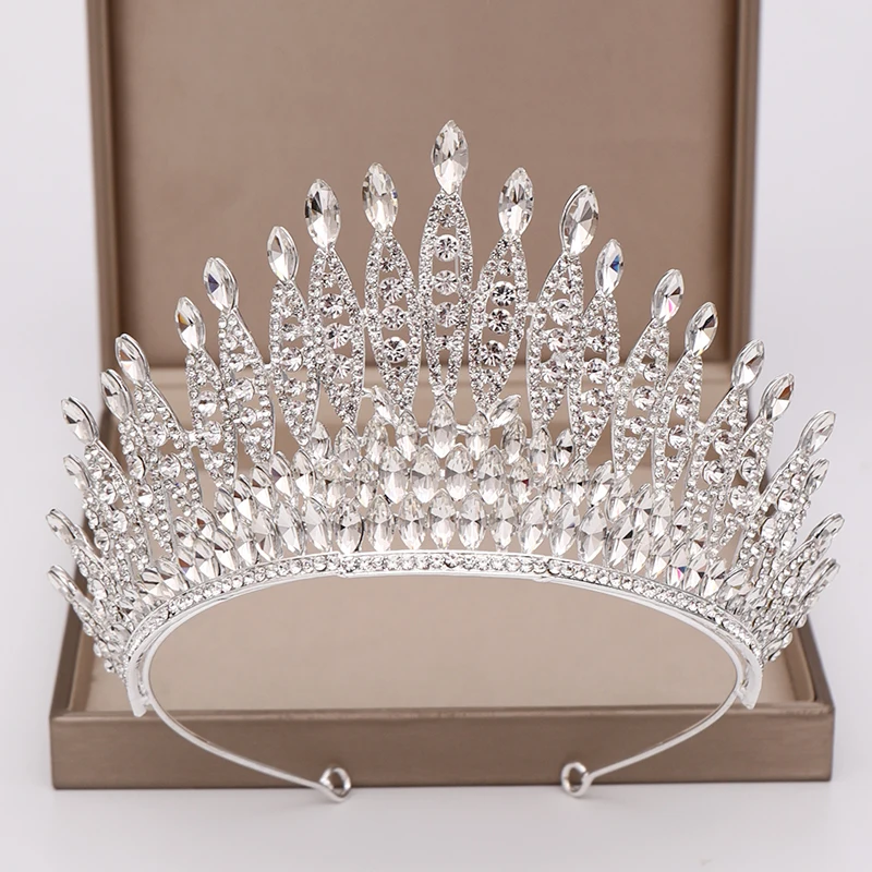 Trendy Silver Color Rhinestone Crystal Queen Big Crown Bridal Wedding Tiara Women Beauty Pageant Bridal Hair Accessories Jewelry