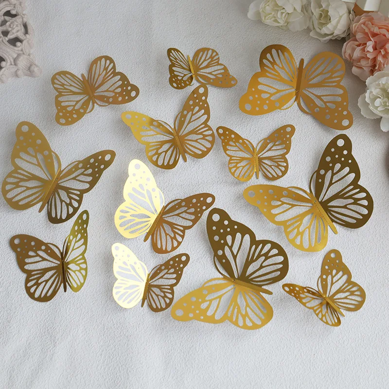 Ychon new wholesale 12pcs laser shiny butterfly cake toppers silver colorful hollow 3D butterfly cake decor wall diy art decor