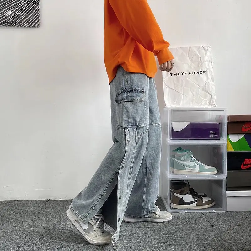 High Street Style Denim Cargo With Side Pocket Jeans Vintage Straight Wide Leg Jeans Loose Jeans