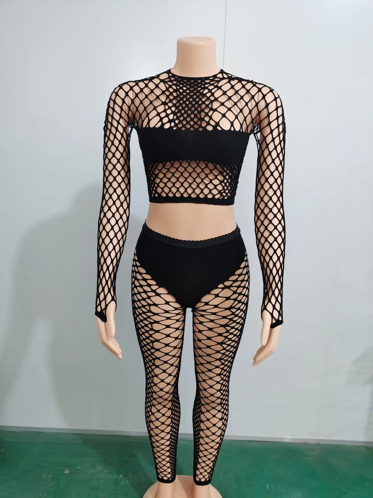Fashion Street Wear Fishnets 2 Pcs Women Sexy Lingeries Night Club Ladies Outfits Clothes Tight Mesh Two Piece Pant Suit Set