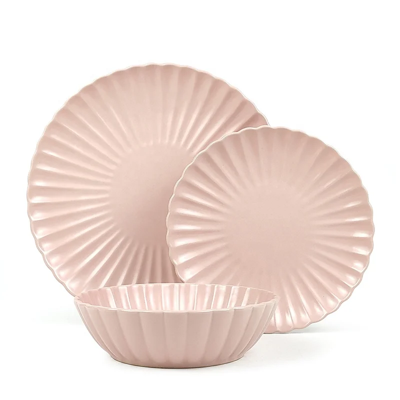 Manufacturer Matte Scallop Dinnerware Restaurant Ceramic Tablerware New Design Dinner Set Ceramic Plate White/ Pink for 4 Users