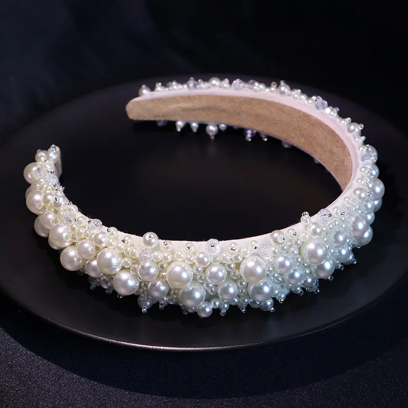Handmade Luxury Baroque Wide Headband Pearls Headband Beaded Headband for Women Party Hair Accessories Gorgeous Crystal Headwear