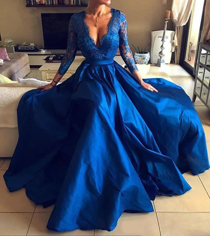 Deep V-neckline customized trumpet party evening cheap mermaid long royal  blue prom dresses