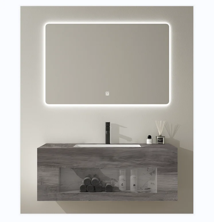 China Supplied Household Bathroom Vanity LED Mirror Modern Artificial Stone Slate Rock Hand Washing Board Basin