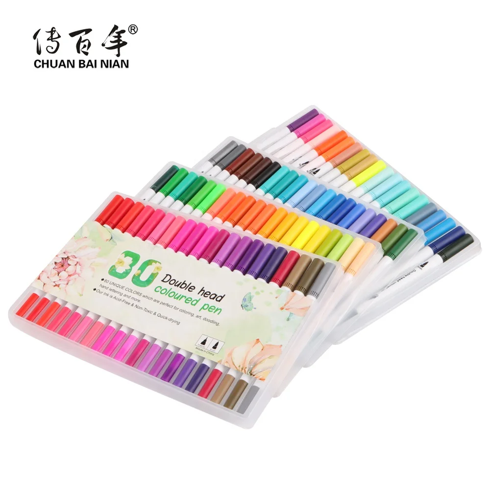 Hot Sales 100 Unique Colors Dual Tip Watercolor Fine Brush Art Marker Pen Set for Student