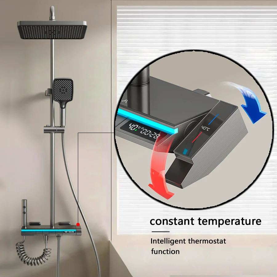 Kahnos Modern Black Brass Thermostatic Rain Faucet Smart Digital LED Piano Keys Bathroom Shower Set