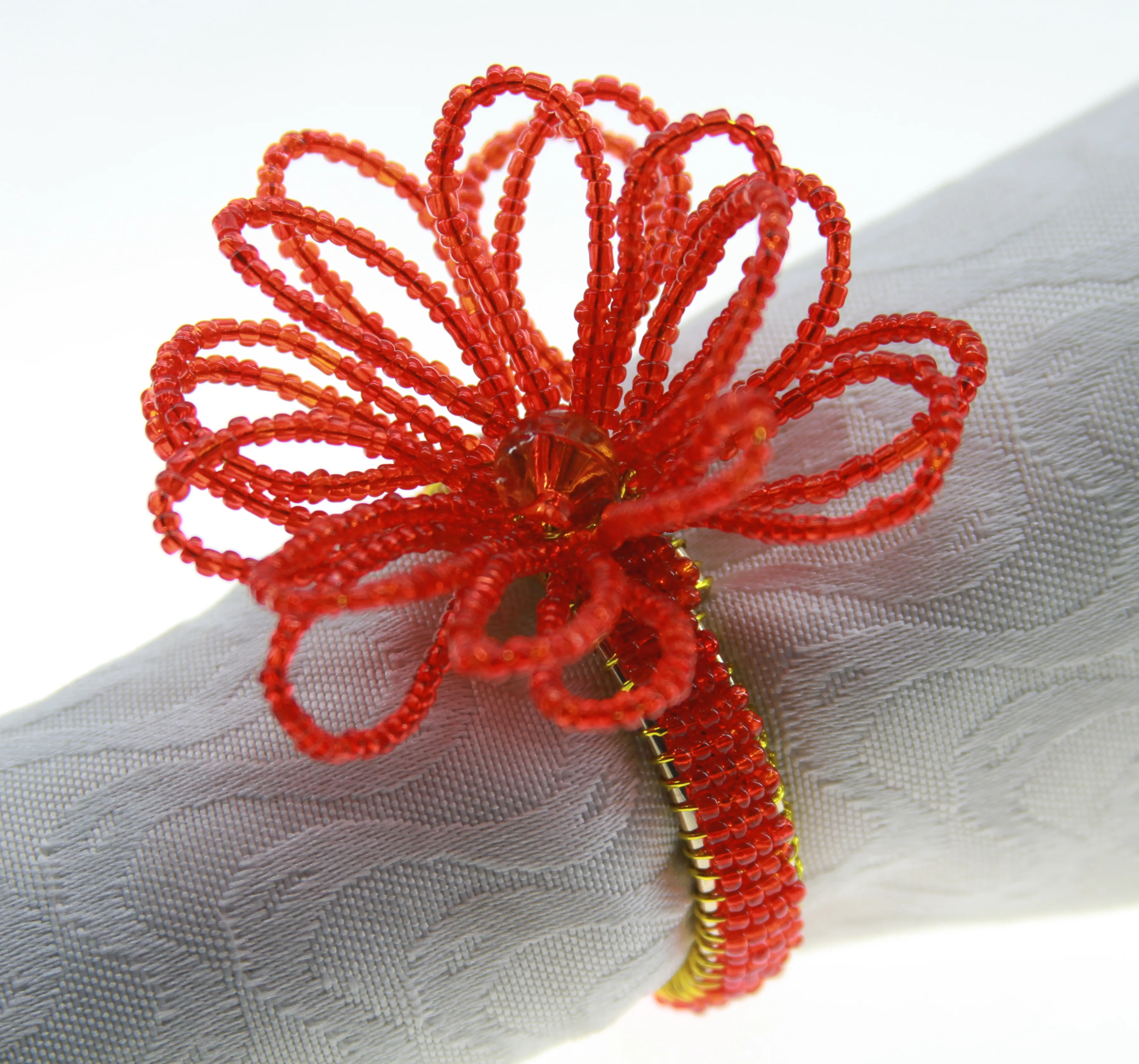 red glass beads flower handmade napkin ring holder