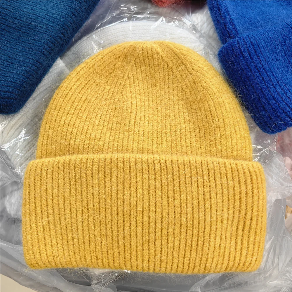 New Winter Real Rabbit Fur Angora Knitted Beanies Solid Warm Cashmere Wool Skullies Beanies Hat