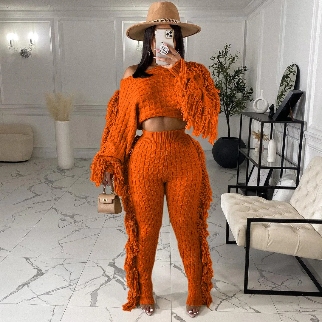 2021 Winter Clothing Casual Knitted Tassel Womens Fringe Two Piece Ribbed Knit Sweater Pants Set 2 pcs Sets Outfits For Women