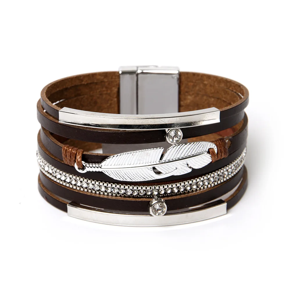 CLARMER Bohemian leather bracelet ethnic style braided feather wide brim bracelet custom snap bracelet for woman