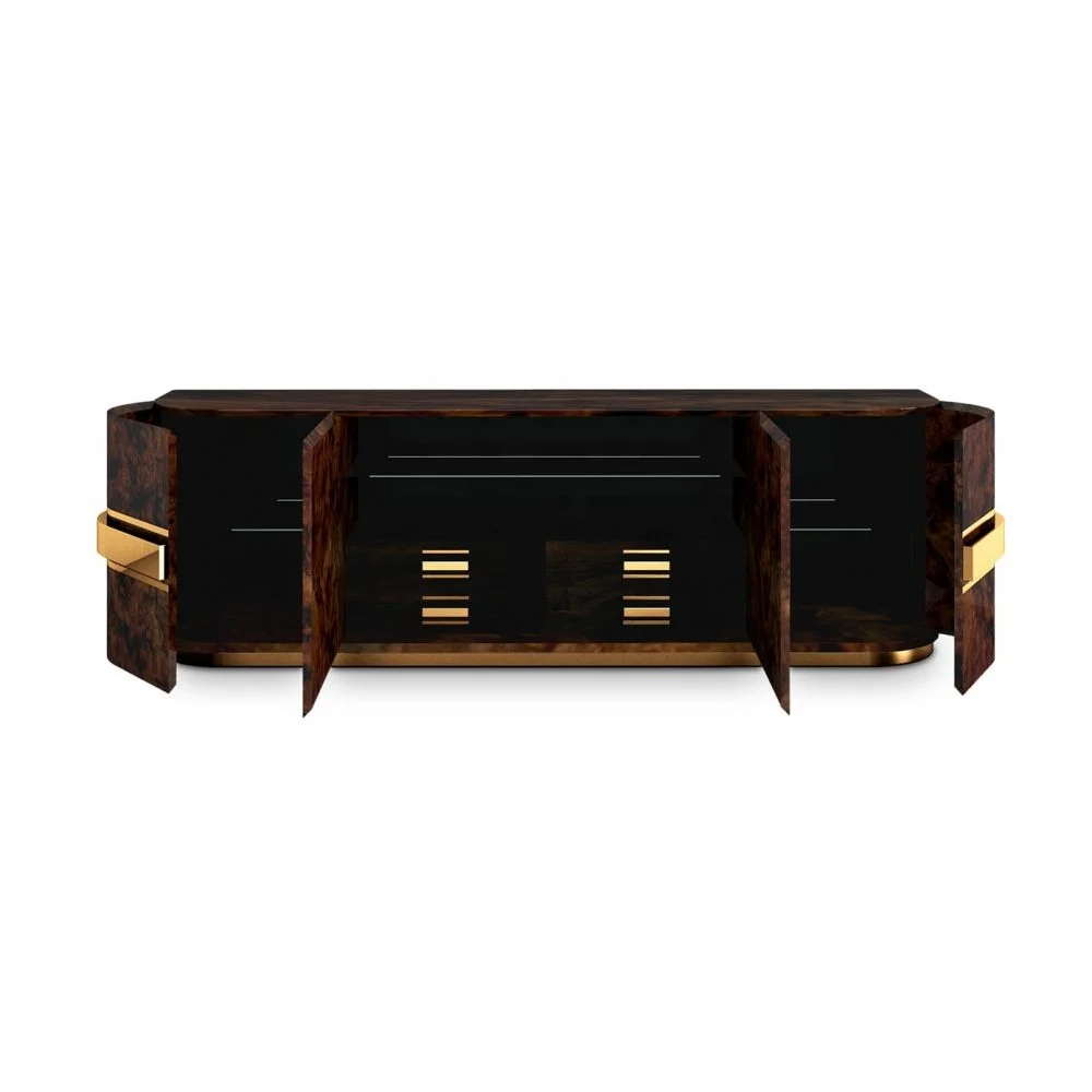 
Rounded silhouette polished gold frame walnut color cabinet 