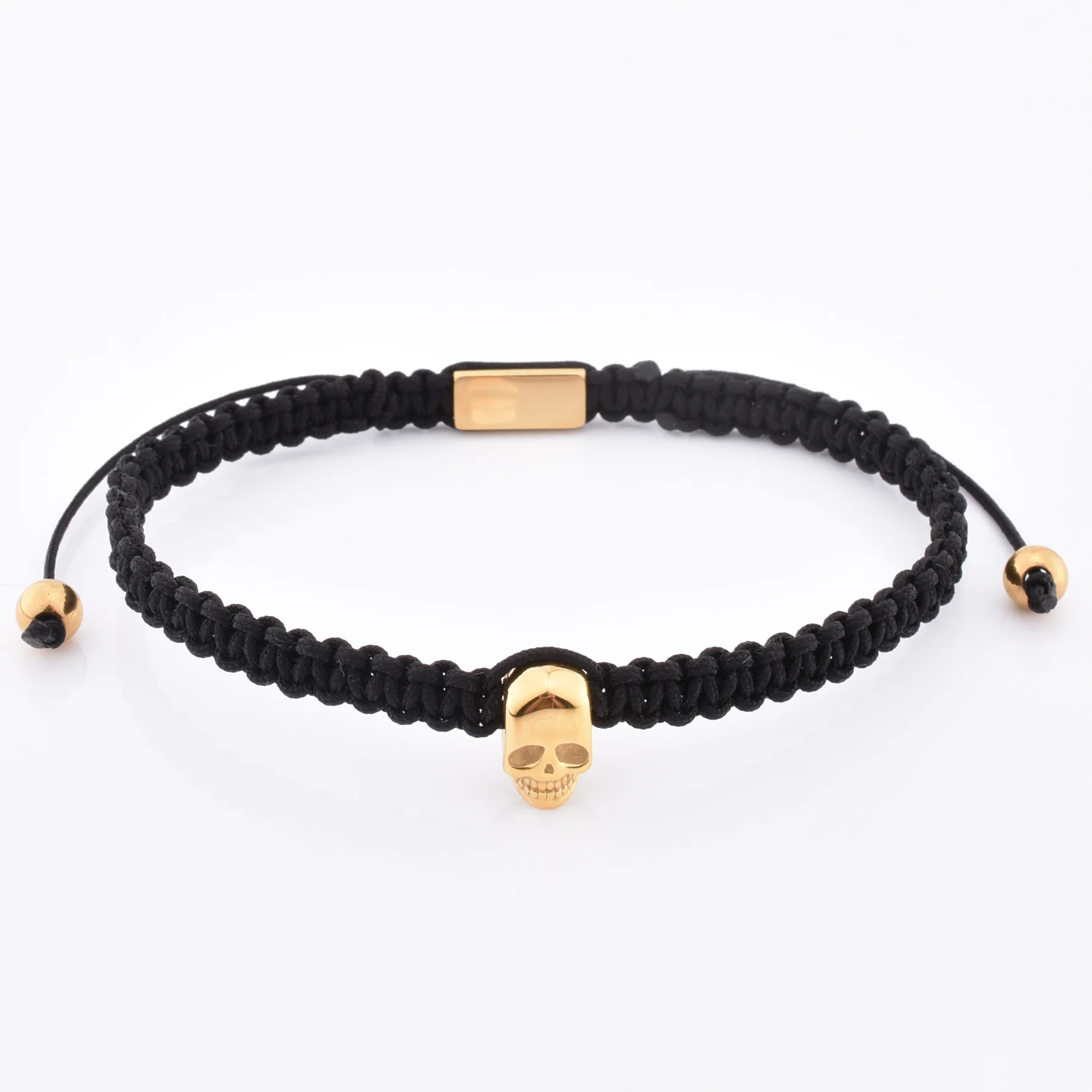 Handmade Popular Design Man Single Braided Navy Blue Rope Stainless Steel Mens Skull Adjustable Bracelet