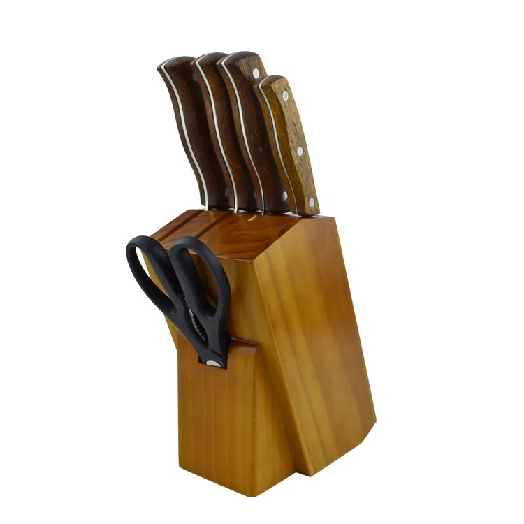 Chinese Messer Wholesale Walnut Wood 6 Pcs Kitchen Knife Set Scissor Chef Knife with Wooden Block