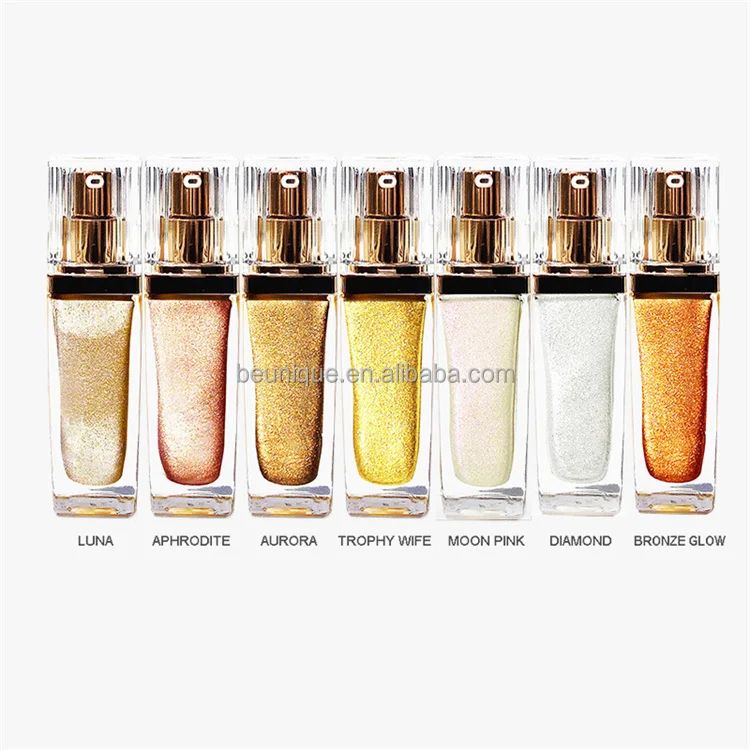 Vegan body shimmer oil private label liquid body face highlighter skin glow whitening face glitter spray shimmer body oil