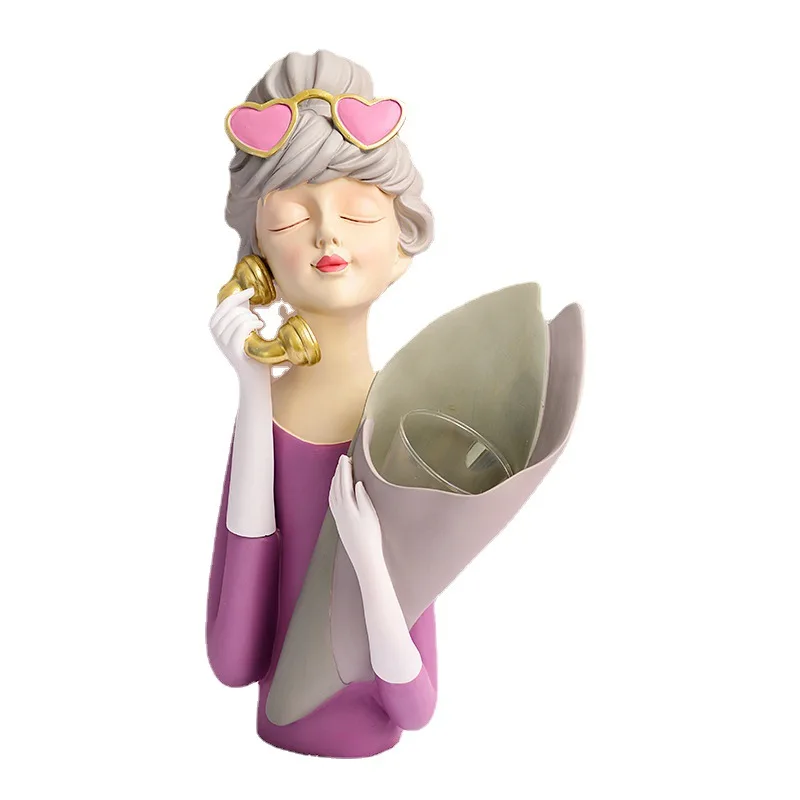 Creative Nordic style lovely girl statue vase resin Christmas home